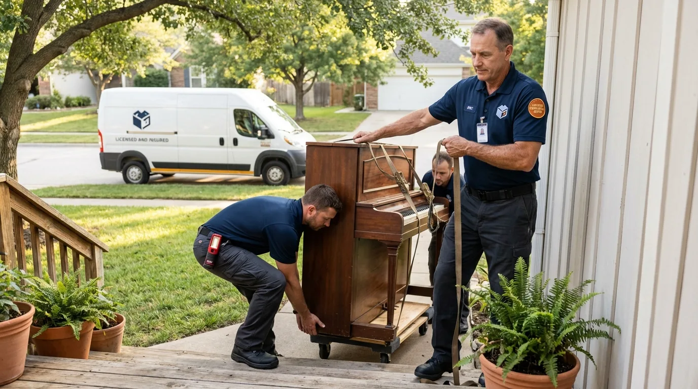 Licensed piano movers securing grand piano in Kernersville, NC