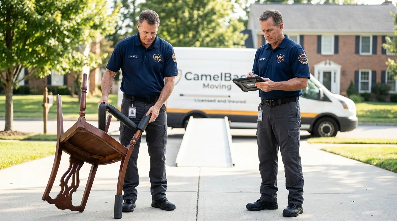 Movers inspecting furniture for damage prevention before loading in Kernersville, NC