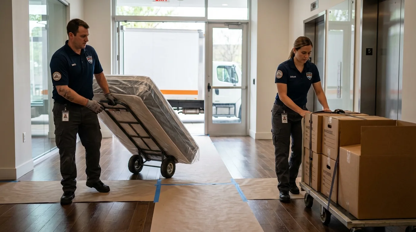 Professional apartment movers loading elevator in Kernersville, NC