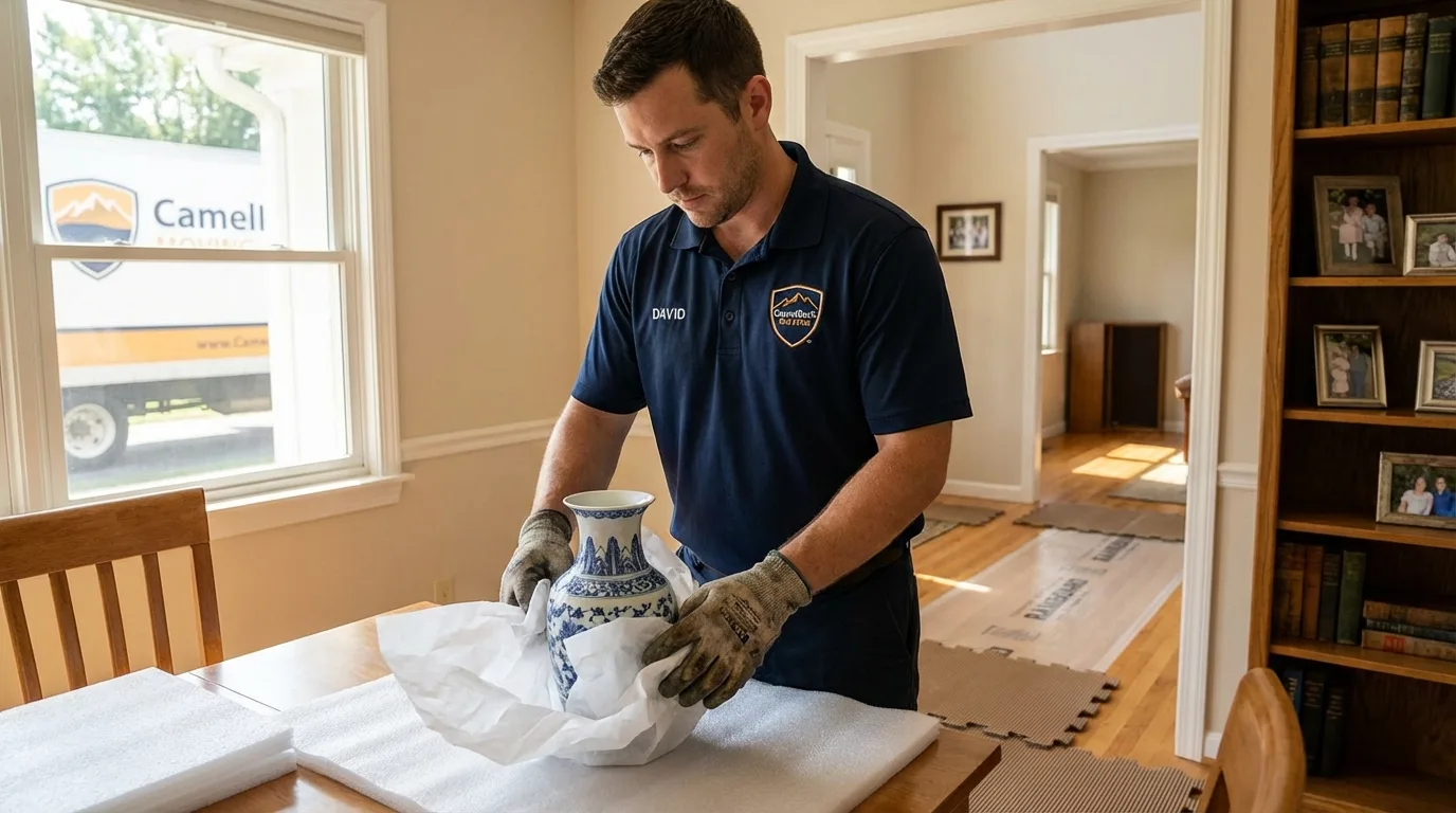Professional crew carefully wrapping antique vase for senior downsizing move in Kernersville, NC